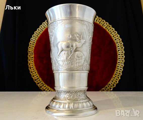 Ловен бокал,халба,чаша от калай с Елен,Сърна,Ловец. 