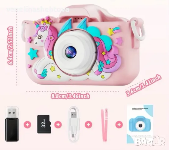 Детски фотоапарат с еднорог 32GB sd карта противоударен игри, снимка 4 - Други - 48441027
