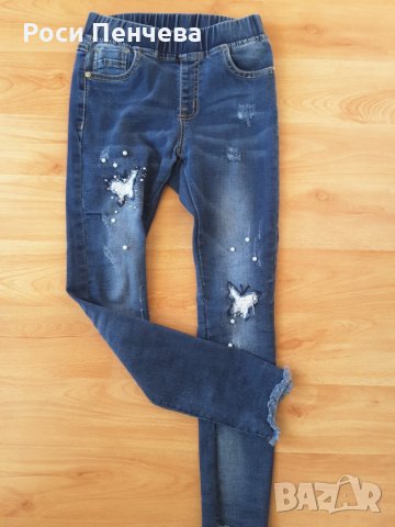 Дънки за момиче с перлички и пеперуди /10г, снимка 2 - Детски панталони и дънки - 27742101