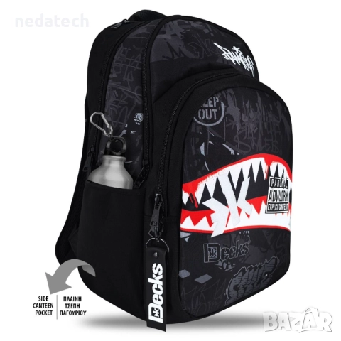 Ученическа раница DECKS, Черно - Бял, 33x18x48см., снимка 2 - Ученически пособия, канцеларски материали - 51481982