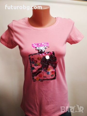Розова дамска тениска с въртящи се пайети във форма на шише, снимка 6 - Тениски - 32841018
