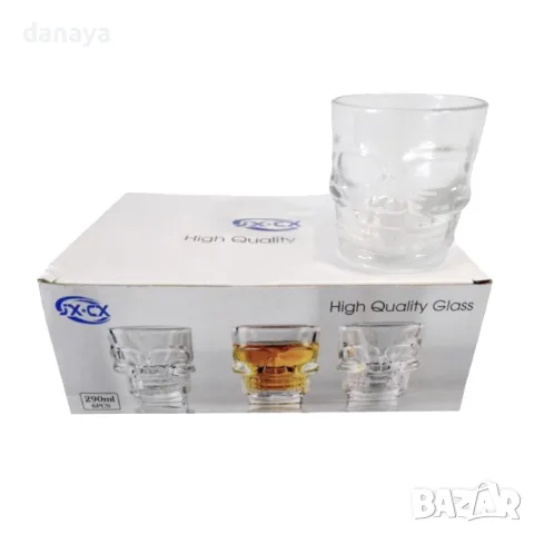 5585 Комплект от 6 броя стъклени чаши Череп, 290 мл, снимка 6 - Чаши - 48555393