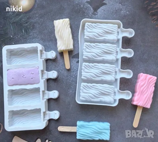 4 малки ескимо наклонен релеф дървесина Магнум сладолед Popsicle Попсикъл силиконова форма молд , снимка 2 - Форми - 49264962