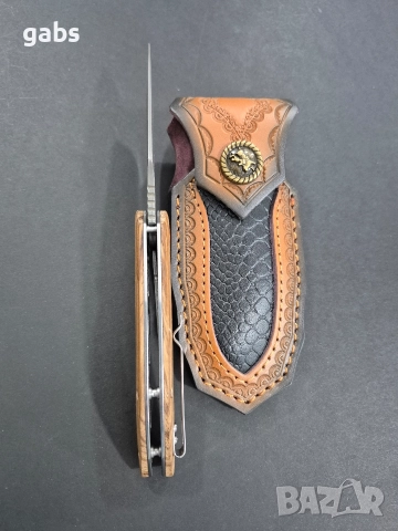 Сгъваем нож дамаска стомана с кожена кания,SD16, снимка 9 - Ножове - 52949472