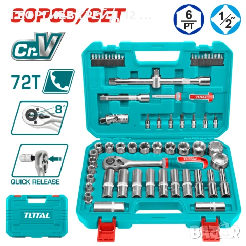 Комплект тресчотка и вложкиTOTALINDUSTRIAL1/2"62части-TL IND THT121602