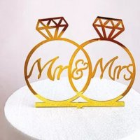 Mr Mrs в диамантени пръстени халки златен твърд Акрил топер украса табела за сватбена сватба торта, снимка 1 - Други - 28095627