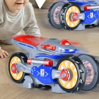 Каскадна, светеща играчка мотор, въртяща се на 360 градуса с подвижни гуми, снимка 3 - Коли, камиони, мотори, писти - 43218608