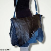 Асиметрична дамска чанта от деним и естествена кожа , снимка 6 - Чанти - 39239196
