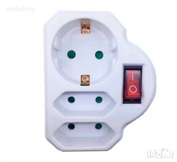 Разклонител за контакт , 3-ка, ключ, без кабел, бял, 220V, 16A/2.5A, снимка 1