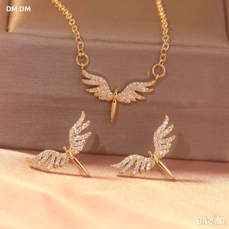 Angel Wings Spark – комплект колие и обеци с криле ✨ с позлата, снимка 1