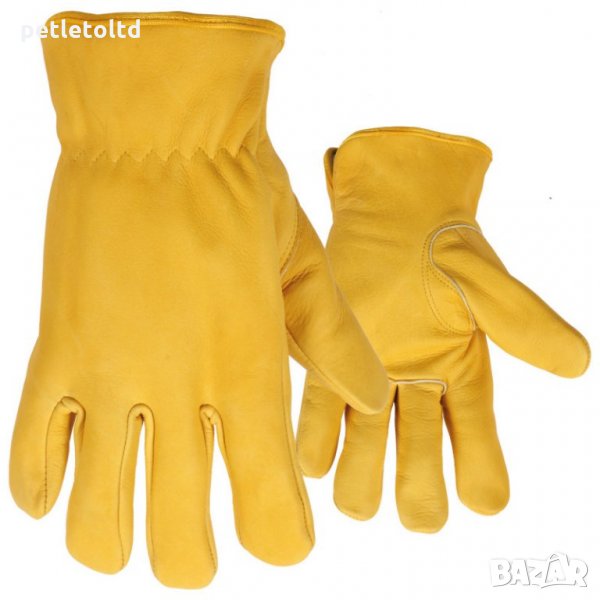 Ръкавици 5-пръста (жълти) от лицева, естествена телешка, водоотблъскваща кожа, с подплата, снимка 1