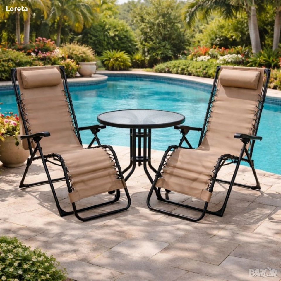 Комплект за релаксация на открито: 2 сгъваеми шезлонга с нулева гравитация и стилна масичка за кафе , снимка 1