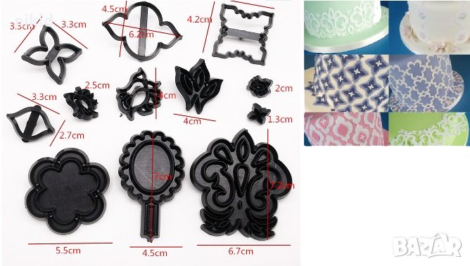 12 бр орнаменти мозайка пластмасови резци форми украса фондан торта декор, снимка 1