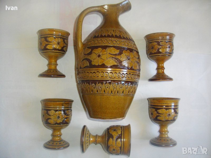 Нов Кипърски Глинен Сервиз За Вино-Ръчно Рисуван-Битов Интериор, снимка 1