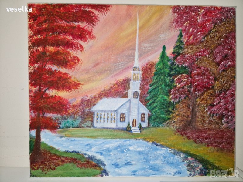 Картина "Църквата край реката" - акрил, размер 25х30 см, снимка 1