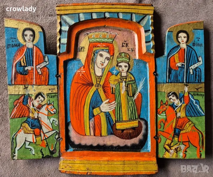 Възрожденска Домашна Икона Триптих Перфектна оригинал 19 век , снимка 1