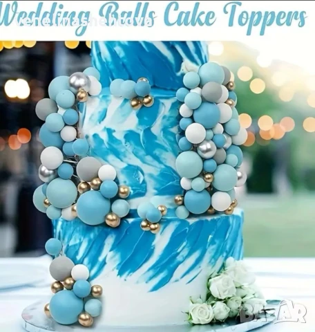 115 броя сини бели златисти топчета топки на тел от стиропор за декорация на торта , снимка 2 - Други - 51078594