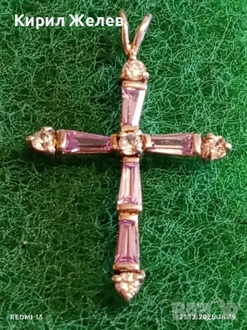 Сребърен медальон кръст с ювелирно инкрустиран ЛИЛАВ АМЕТИСТ много красив 46168, снимка 3 - Колиета, медальони, синджири - 52912821