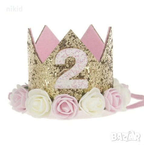 1 2 години годинки рожден ден бебе златна с цветя корона лента за глава парти от филц, снимка 2 - Други - 43285315