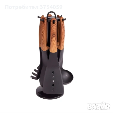 Комплект кухненски прибори 6 части с въртяща се стойка Cheffinger – дървесна визия, практичен и стил, снимка 6 - Прибори за хранене, готвене и сервиране - 53174080