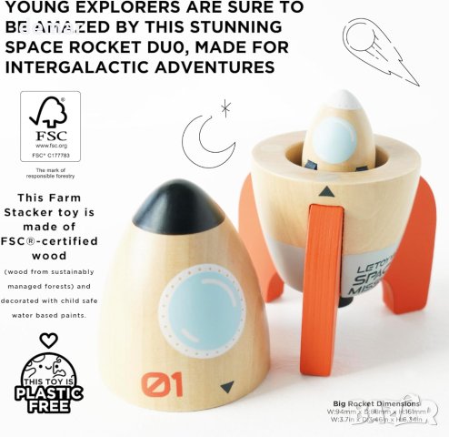 Дървена космическа дуо играчка със скрита мини ракета за малки деца, снимка 6 - Влакчета, самолети, хеликоптери - 43216656