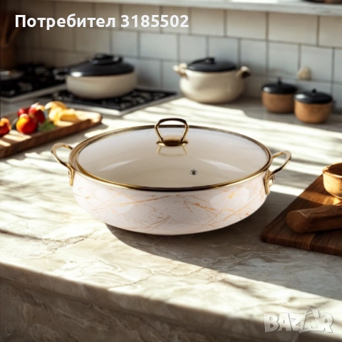 Тенджера Goldmann 24x8см. 3.2л./ 26x8.5см. 4л. Плитка. Емайл. Индукция. Бял/Старо злато, снимка 5 - Съдове за готвене - 51500692