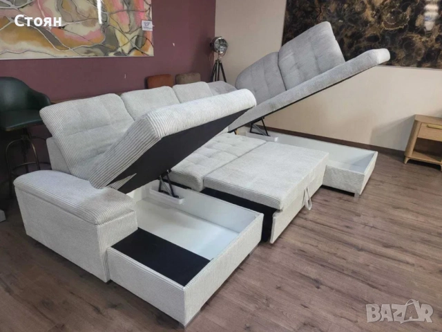 ПРОМОЦИЯ!!!Бежов П-образен ъглов диван от плат рипсено кадифе Nixon, снимка 4 - Дивани и мека мебел - 52829958