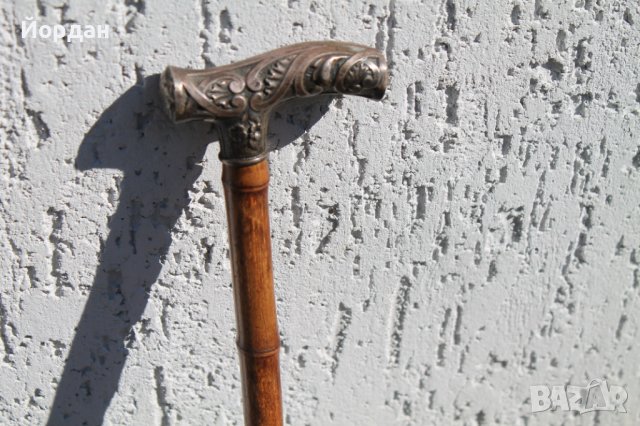 Стар бастун от бамбук със сребърна дръжка, снимка 2 - Колекции - 38300242