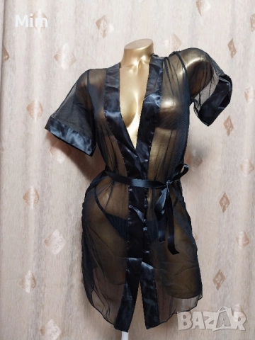 S Ефирен черен халат с къс ръкав 