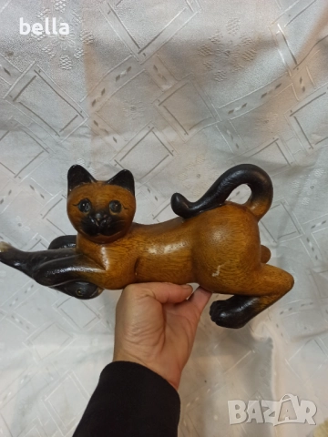 Ръчно резбована масивна дървена фигура на котка – 22 см дължина!, снимка 3 - Антикварни и старинни предмети - 52582382