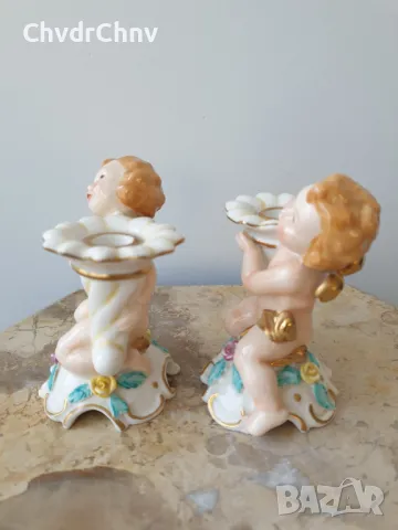 Goebel 10см/2бр чифт Гьобел Германия малки стари немски порцеланови свещници-ангелчета, снимка 2 - Антикварни и старинни предмети - 49117265