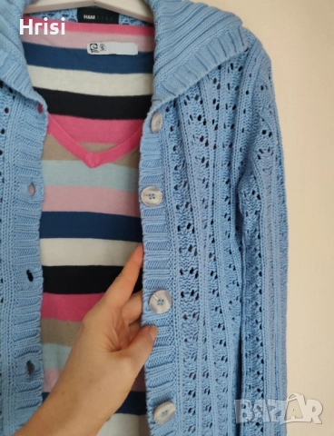 Лот от ажурна синя жилетка и блуза райе, снимка 2 - Блузи с дълъг ръкав и пуловери - 51987844