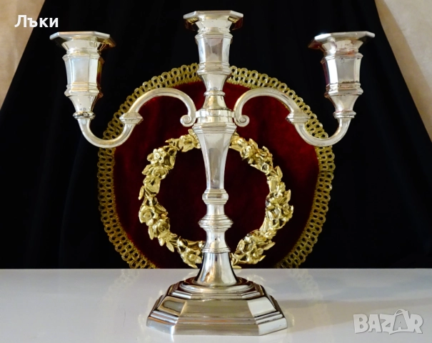 Посребрен свещник тройка,троен свещник от мед. , снимка 6 - Антикварни и старинни предмети - 52978362