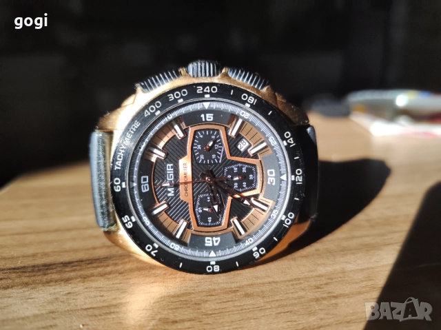 Мъжки часовник MEGIR, японски кварц, хронограф, календар, светещи стрелки, черен с розово злато, снимка 2 - Мъжки - 51530157