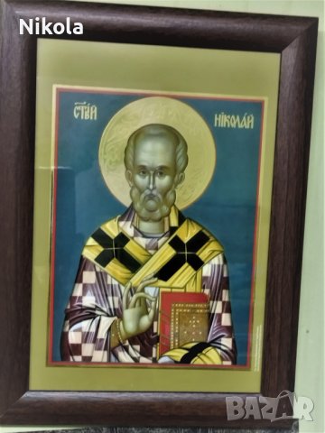 Икона на Свети Николай Мирликийски Чудотворец , репродукция с рамка и стъкло, снимка 3 - Икони - 42946843