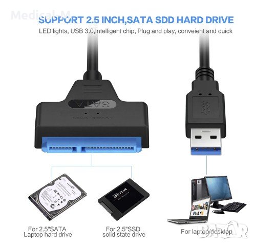 Кабел USB 3.0 за връзка към 2,5" SATA III(или SATA II) твърд диск или SSD за лаптоп., снимка 1 - Други - 38482572