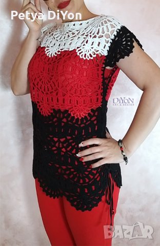 Ръчно плетена блуза на една кука с връзки отстрани, снимка 1