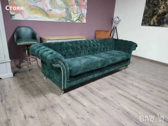Голям зелен диван от плат Честърфийлд - четворка, снимка 6 - Дивани и мека мебел - 48286348
