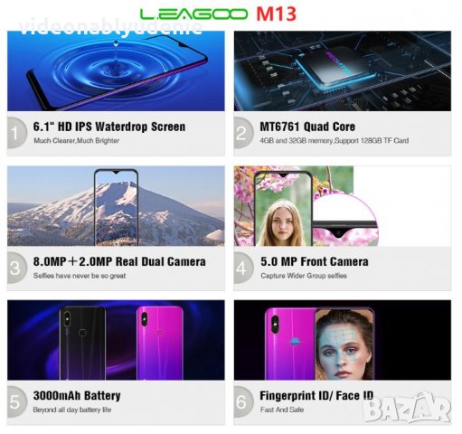 Leagoo M13 6.1" 4G Безрамков Дисплей 4 Ядра 64Bit Смартфон Двойна Камера 4GB RAM 32GB ROM 2xСимКарти, снимка 3 - Телефони с две сим карти - 27221462