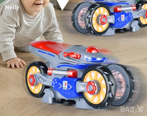 Каскадна, светеща играчка мотор, въртяща се на 360 градуса с подвижни гуми, снимка 5 - Коли, камиони, мотори, писти - 43263094