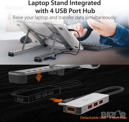 j5create Сгъваема алуминиева стойка за лаптоп с USB3.2 4-портов хъб, преносима до 16 инча (JTS223), снимка 2 - Друга електроника - 48237807