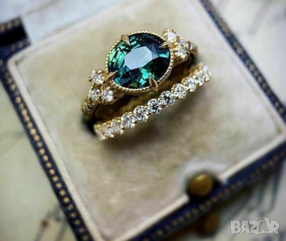 Двойка пръстени със зелен смарагд и топази, позлата, снимка 5 - Пръстени - 36862117
