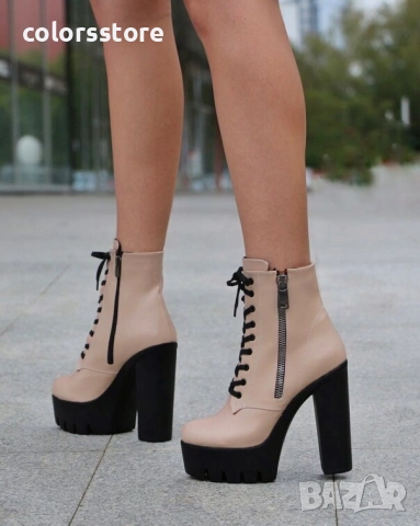 Боти на ток - бежова кожа с черно ходило - BT13 , снимка 2 - Дамски боти - 34442607