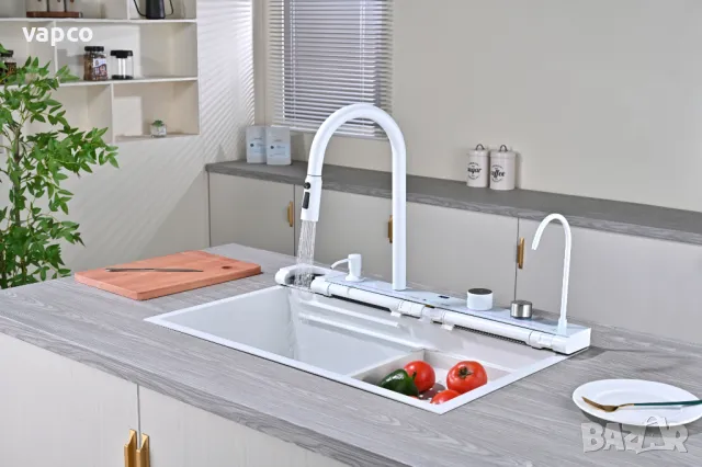 Бяла мултифункционална кухненска мивка с регулируем двоен водопад, снимка 2 - Мивки - 49695378
