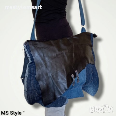 Асиметрична дамска чанта от деним и естествена кожа , снимка 6 - Чанти - 39239196