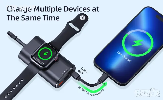 Преносимо зарядно устройство за часовник и телефони за Apple