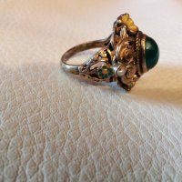 Стар авторски масивен сребърен пръстен с естествени перли и позлата, снимка 3 - Пръстени - 28452252
