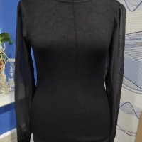 Черно поло със шифонен ръкав, снимка 1 - Блузи с дълъг ръкав и пуловери - 44052438