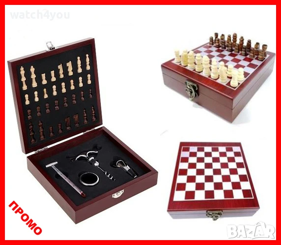 НОВ КОМПЛЕКТ ЗА ВИНО В ЛУКСОЗНА ДЪРВЕНА КУТИЯ 4 БРОЯ АКСЕСОАРИ. ШАХ. ШАХМАТНА ДЪСКА 2V1. СЕТ ЗА ВИНО, снимка 1