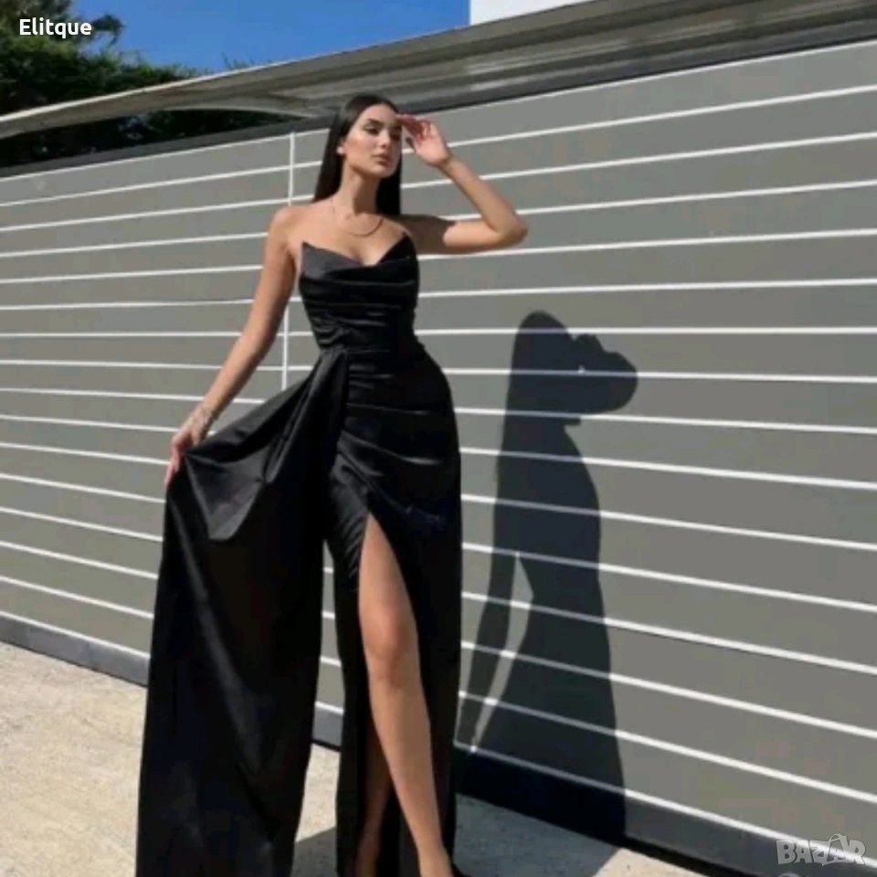 дълга сатенена рокля с цепка , снимка 1